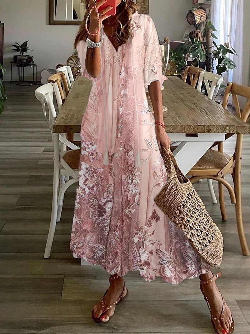 Lace Floral V-Neck Loose Casual Maxi Dress