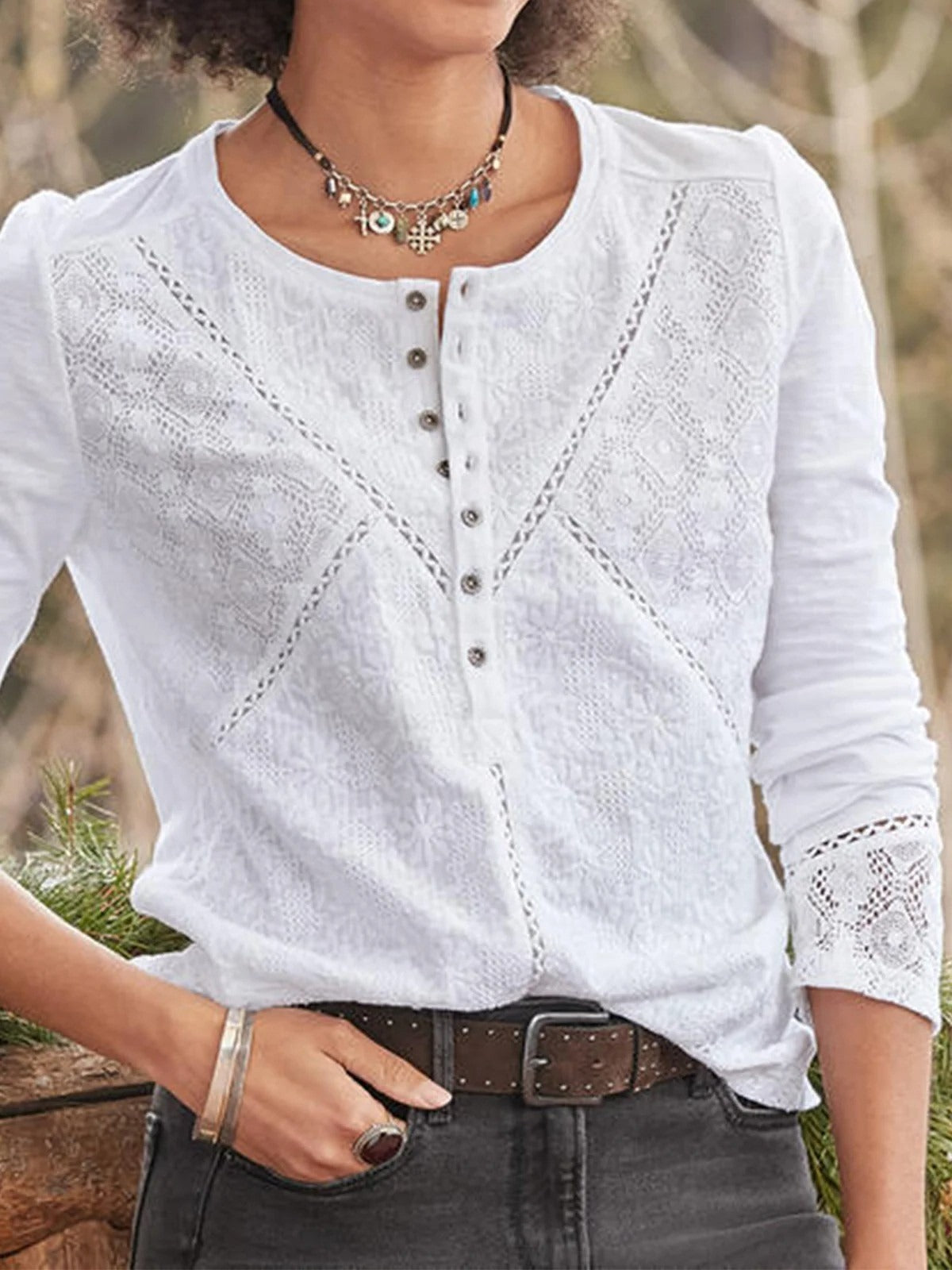 Elegant Lace Crew-Neck Long Sleeve Top