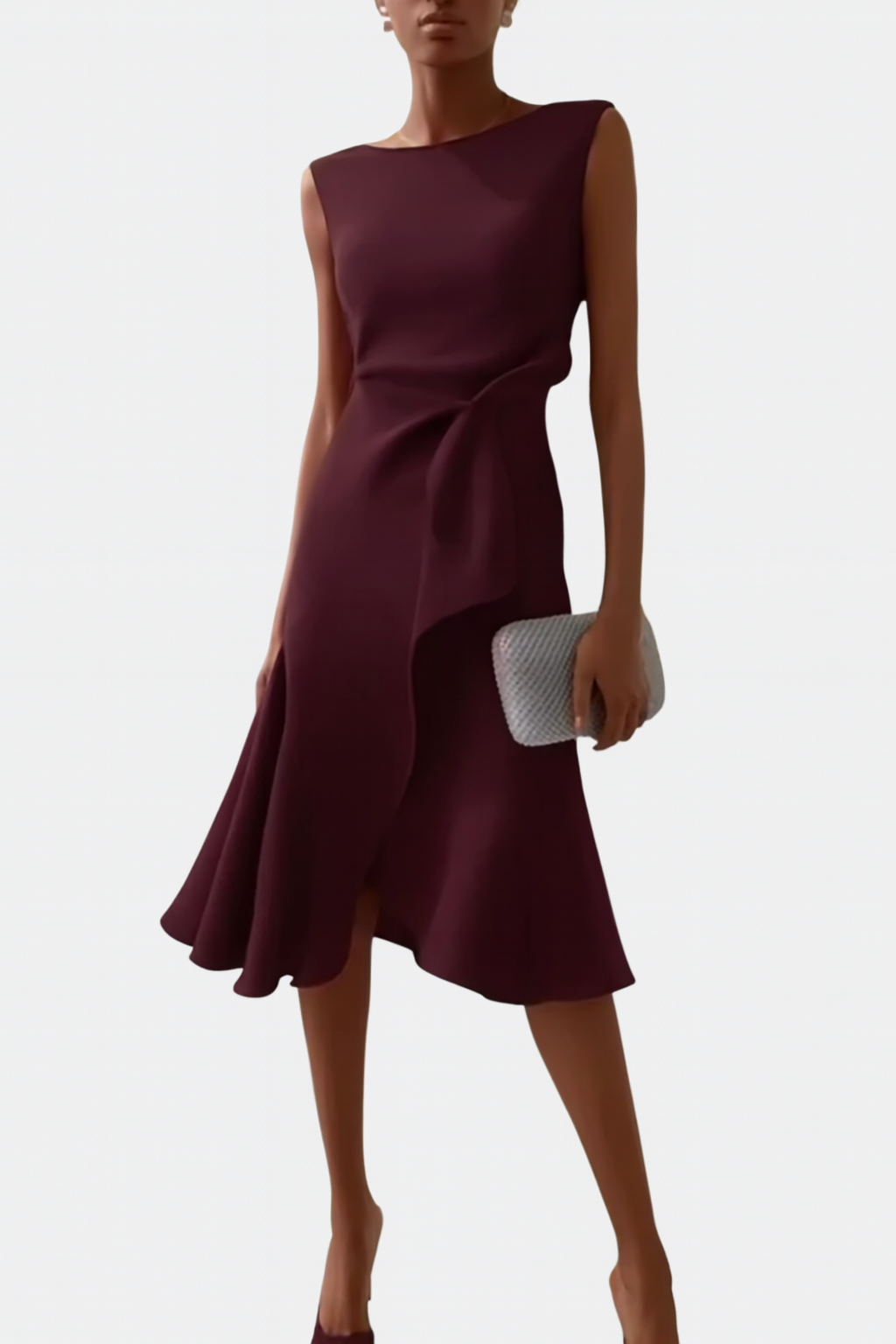 Solvara | Sleeveless Draped Asymmetrical Hem Midi Dress