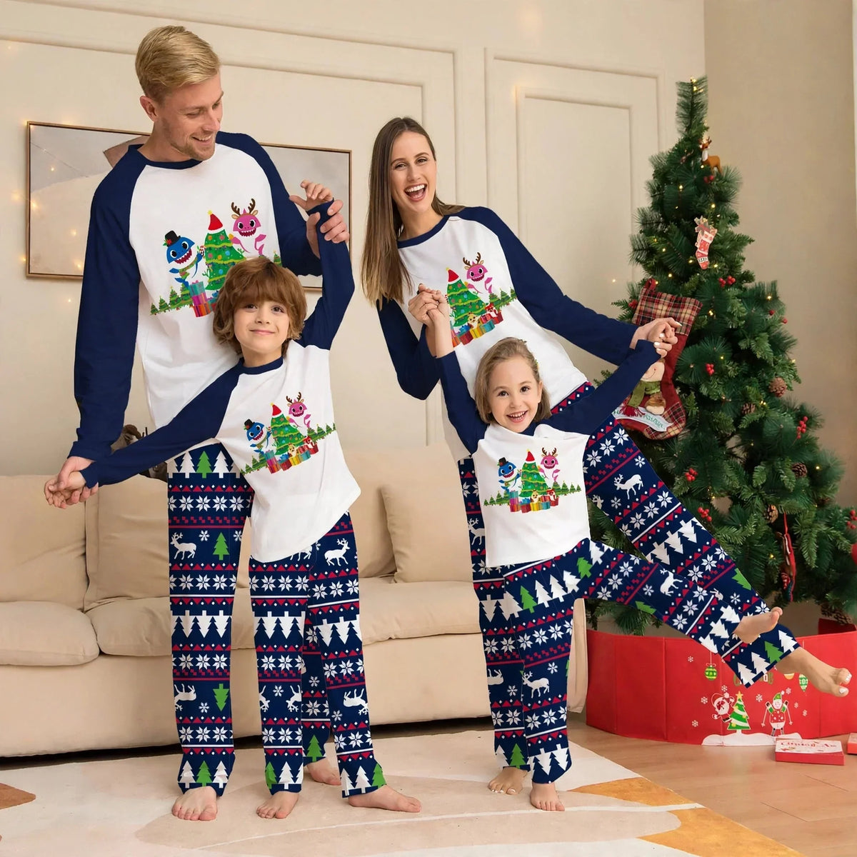 Bramble | Christmas Pyjamas Shark Tree Print Navy