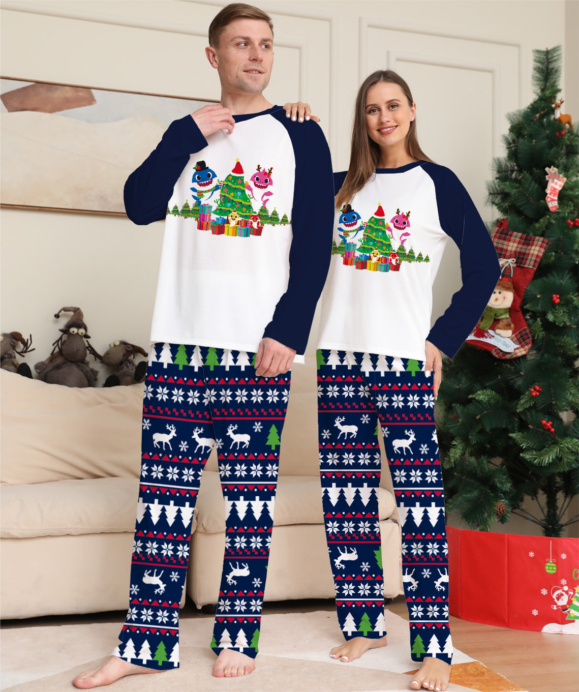 Bramble | Christmas Pyjamas Shark Tree Print Navy