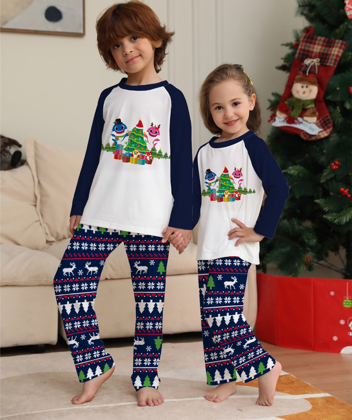 Bramble | Christmas Pyjamas Shark Tree Print Navy