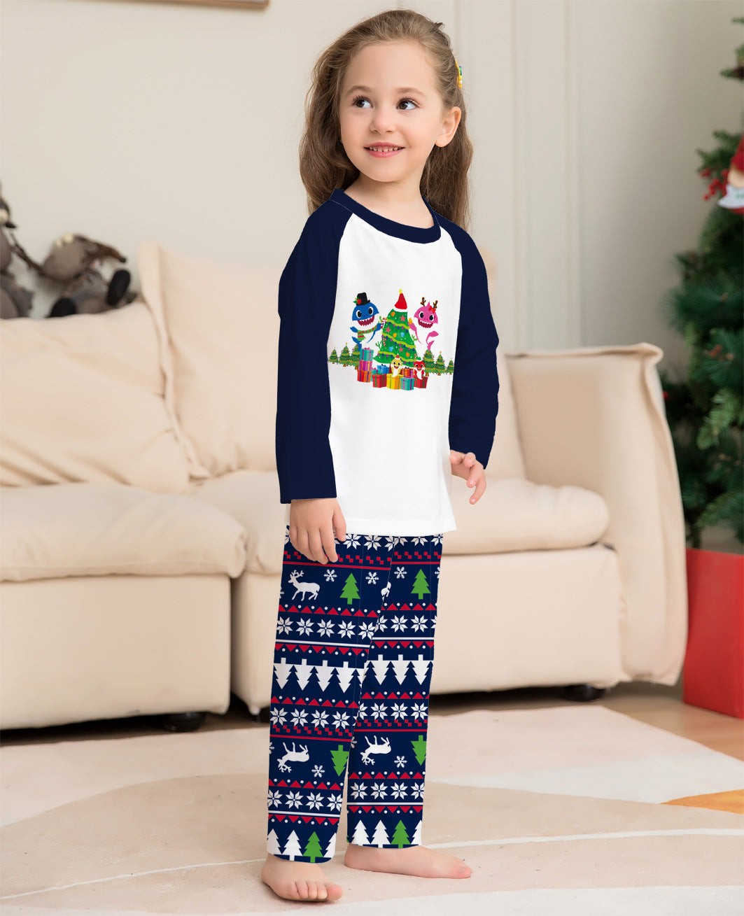 Bramble | Christmas Pyjamas Shark Tree Print Navy