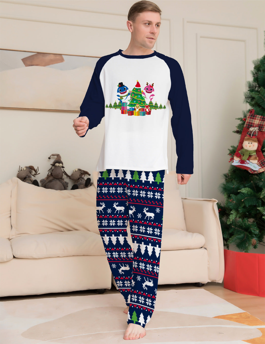 Bramble | Christmas Pyjamas Shark Tree Print Navy
