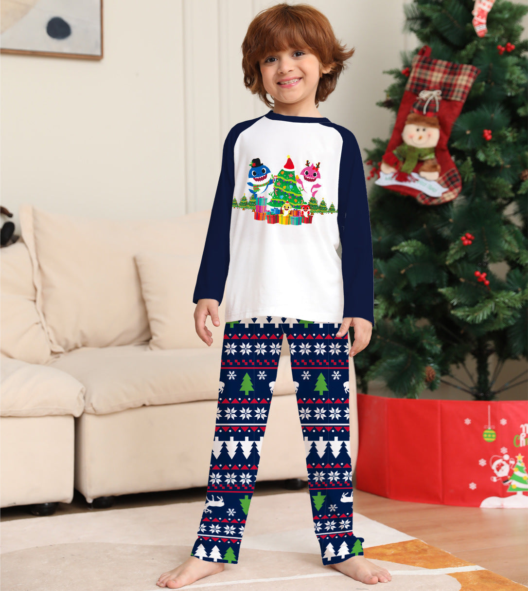 Bramble | Christmas Pyjamas Shark Tree Print Navy