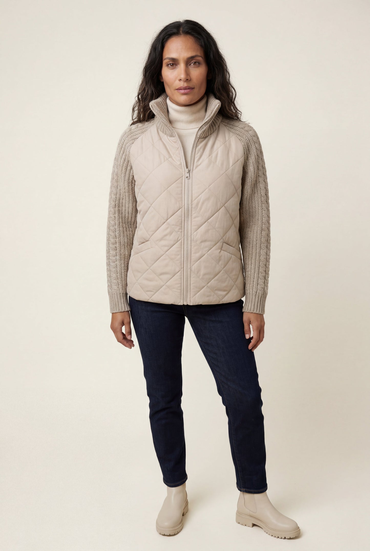 Harlow | Women's Diamond Quilted Hybrid Jacket, Knit Sleeves