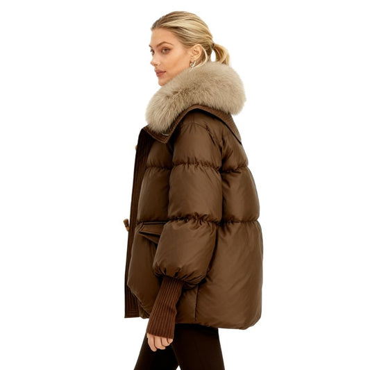 Banksia | Oversized Fox Fur Collar Down Puffer Coat – Brown
