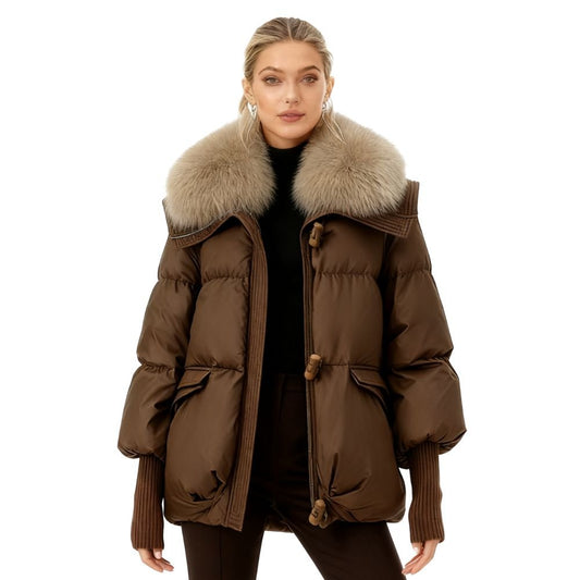 Banksia | Oversized Fox Fur Collar Down Puffer Coat – Brown