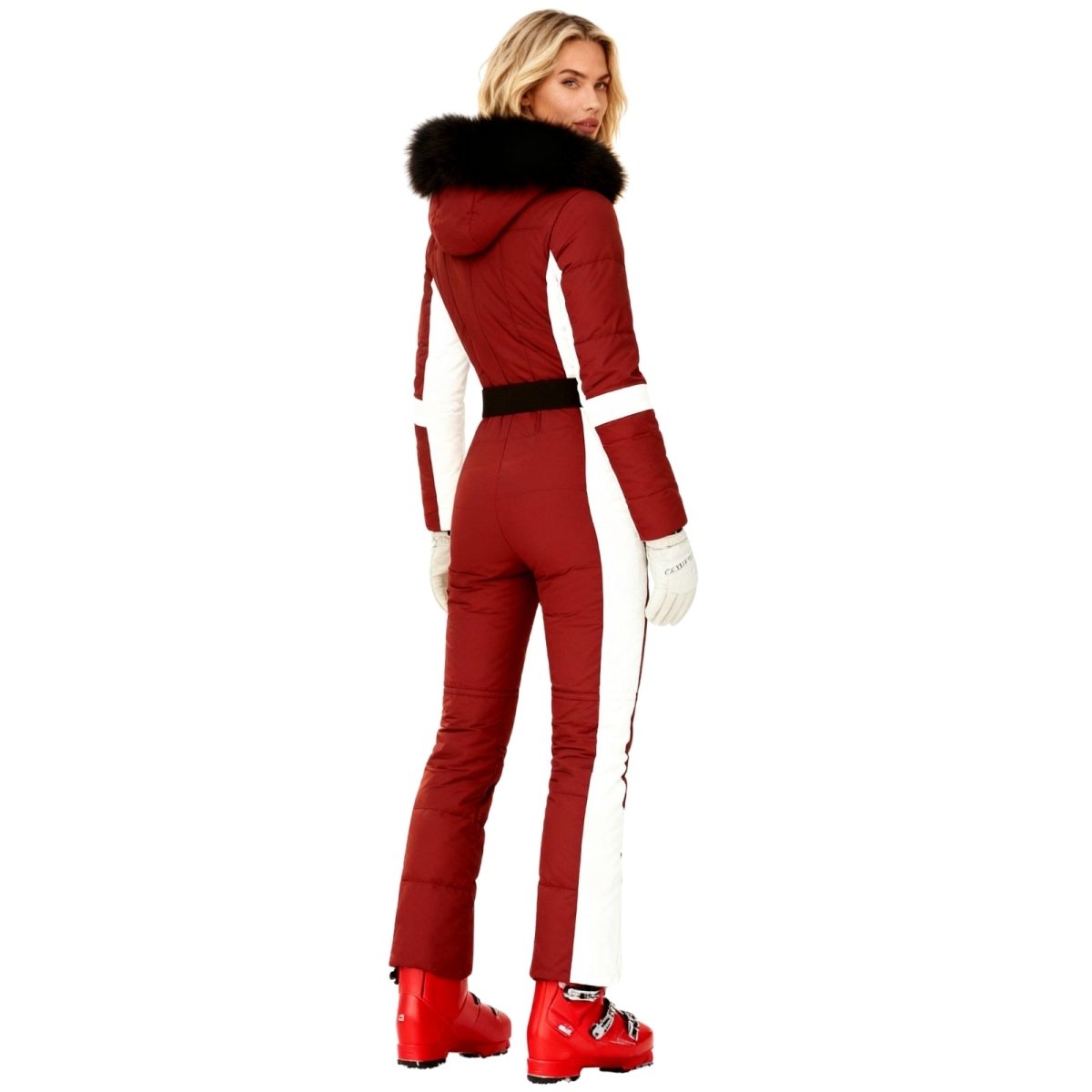 Darcy | Belted Faux Fur Hood Ski Suit – Red