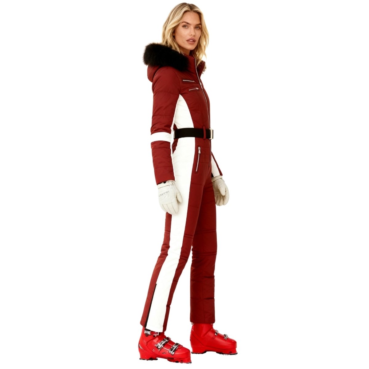 Darcy | Belted Faux Fur Hood Ski Suit – Red
