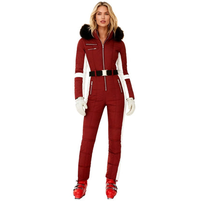 Darcy | Belted Faux Fur Hood Ski Suit – Red