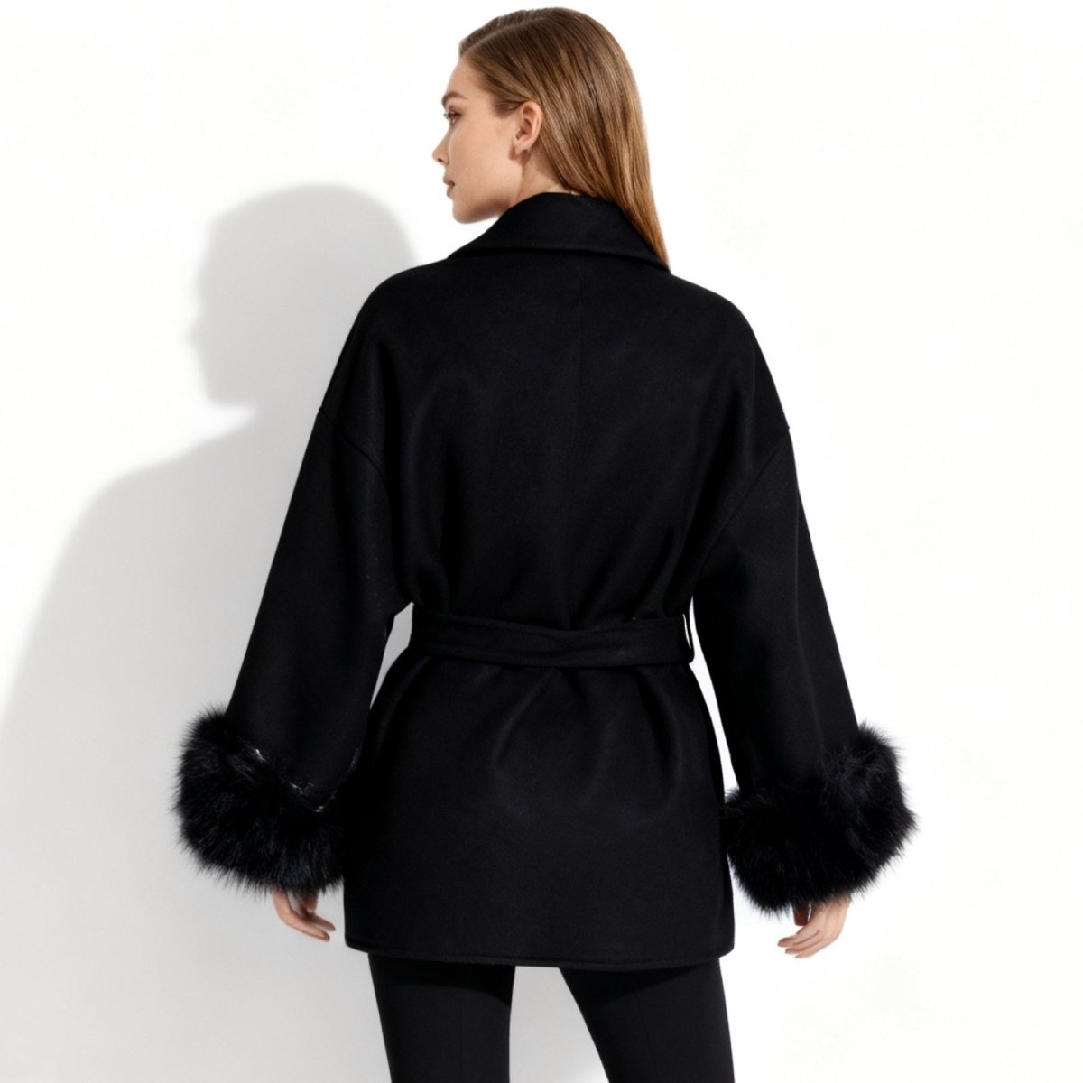 Lara | Belted Wool-Cashmere Coat with Fur Cuffs – Black