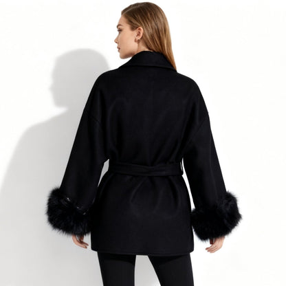 Lara | Belted Wool-Cashmere Coat with Fur Cuffs – Black