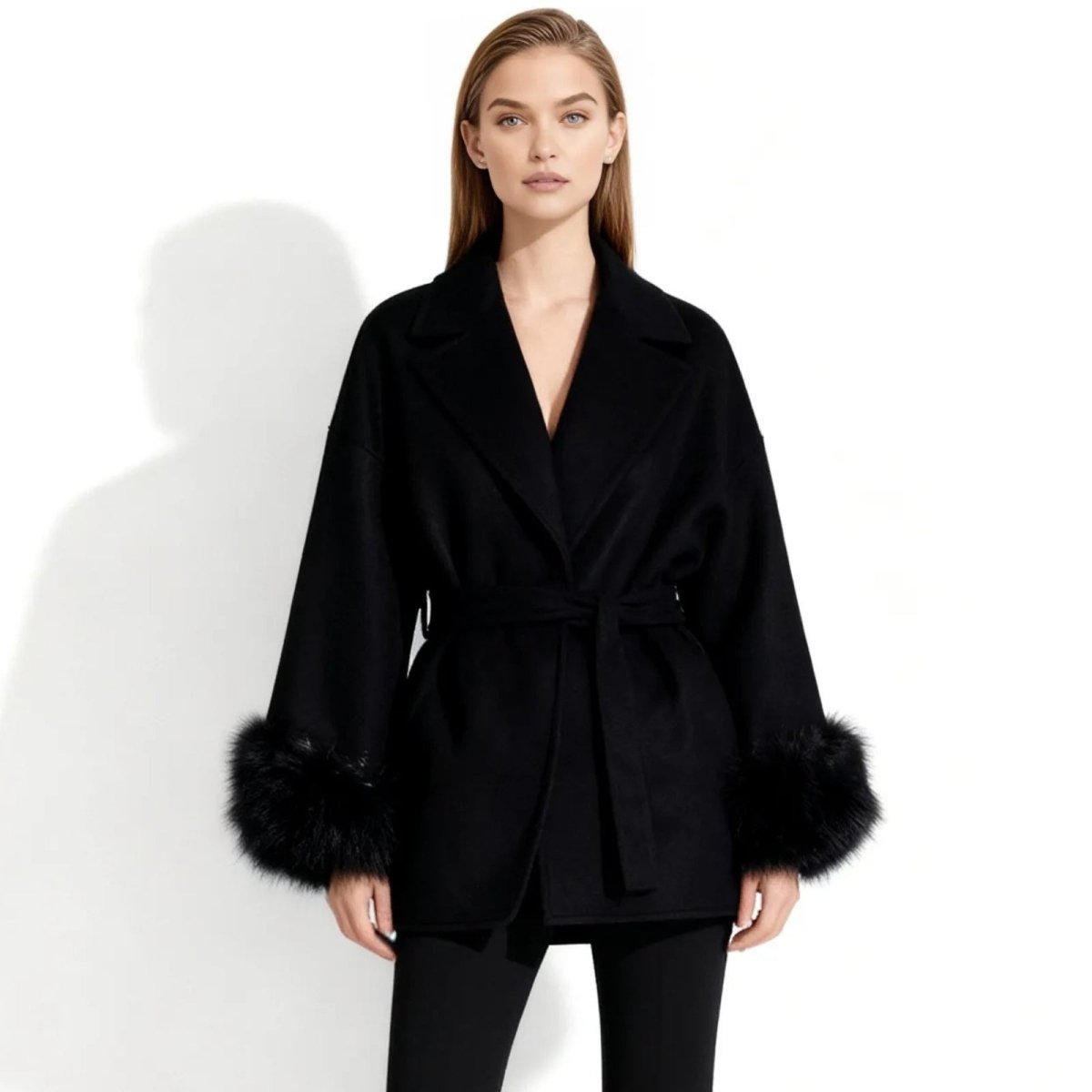 Lara | Belted Wool-Cashmere Coat with Fur Cuffs – Black