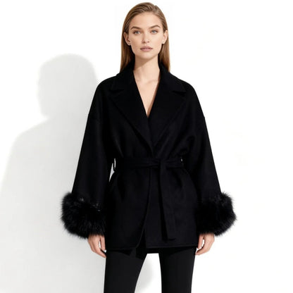 Lara | Belted Wool-Cashmere Coat with Fur Cuffs – Black