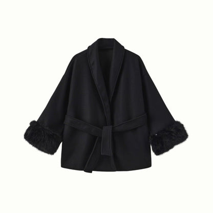 Lara | Belted Wool-Cashmere Coat with Fur Cuffs – Black