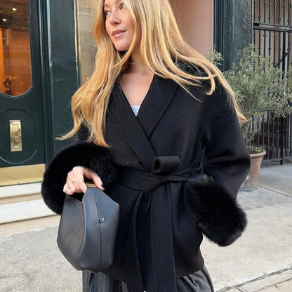 Lara | Belted Wool-Cashmere Coat with Fur Cuffs – Black