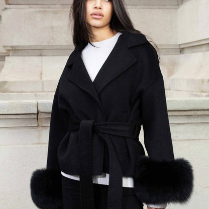 Lara | Belted Wool-Cashmere Coat with Fur Cuffs – Black