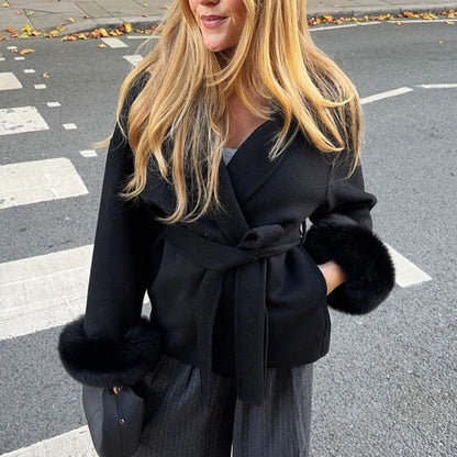 Lara | Belted Wool-Cashmere Coat with Fur Cuffs – Black