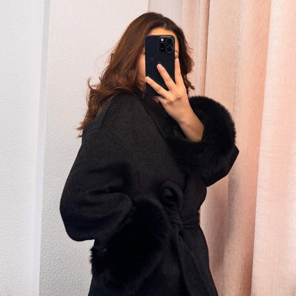 Lara | Belted Wool-Cashmere Coat with Fur Cuffs – Black