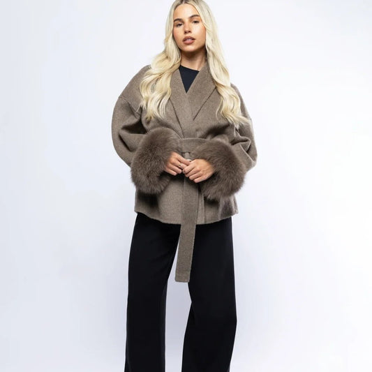 Lara | Belted Wool-Cashmere Coat with Fur Cuffs – Brown