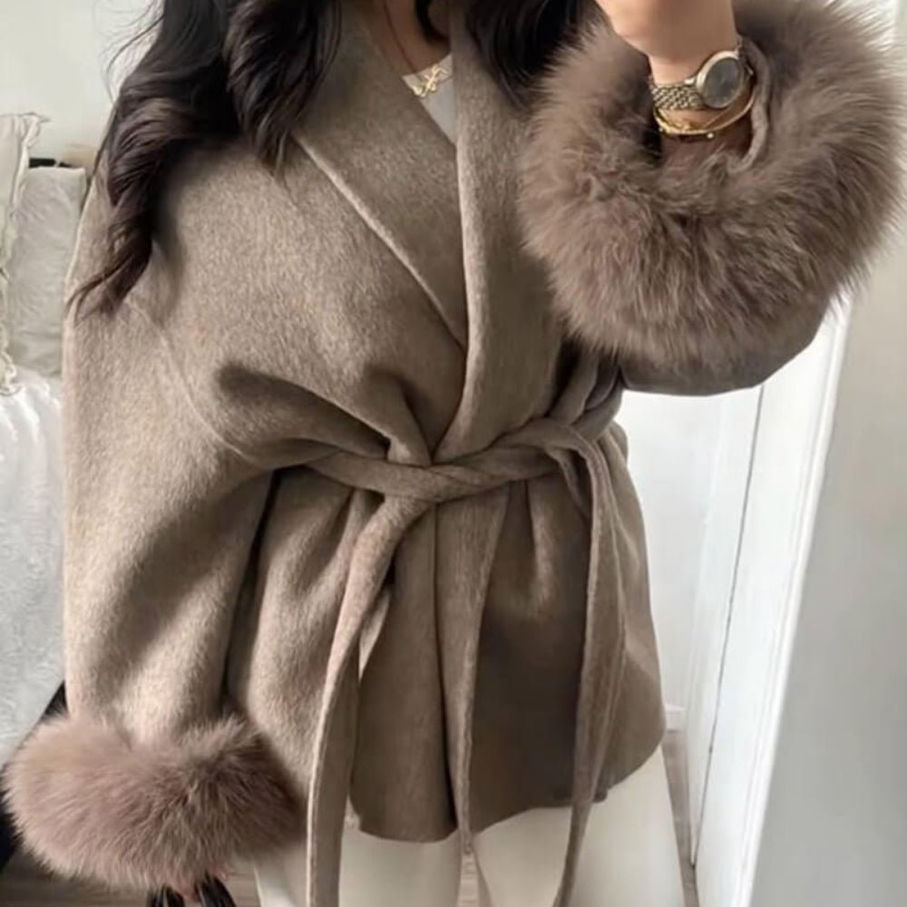 Lara | Belted Wool-Cashmere Coat with Fur Cuffs – Brown