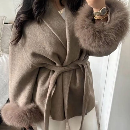 Lara | Belted Wool-Cashmere Coat with Fur Cuffs – Brown