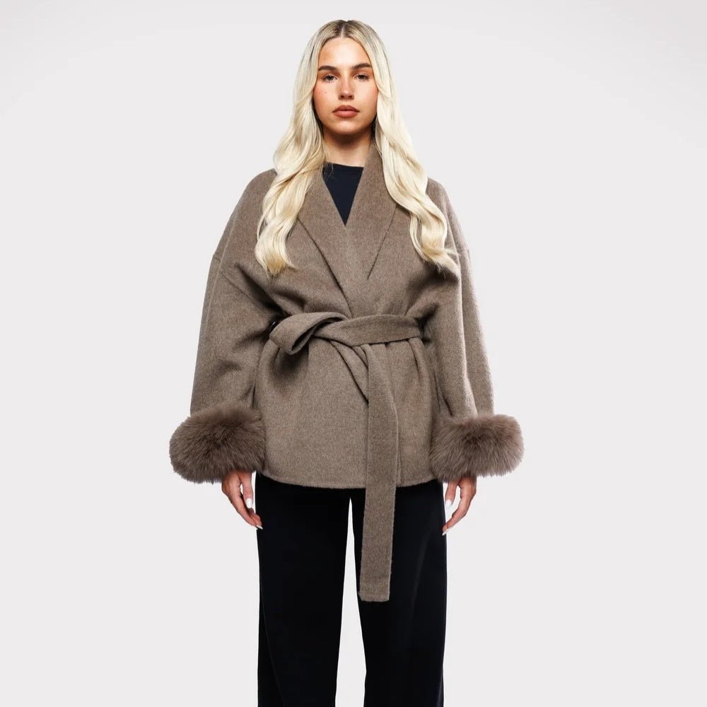 Lara | Belted Wool-Cashmere Coat with Fur Cuffs – Brown