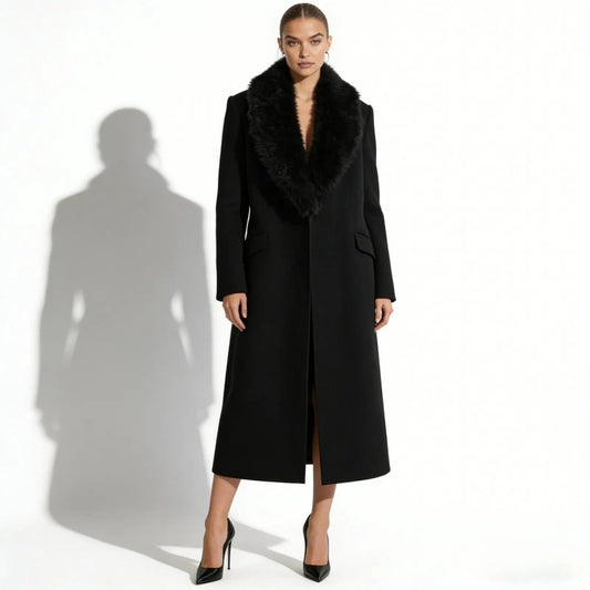 Bindi | Virgin Wool Coat with Oversized Fur Collar – Black