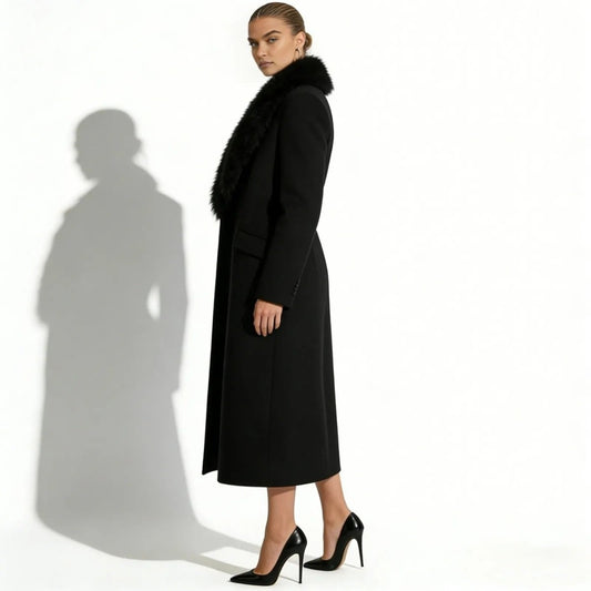 Bindi | Virgin Wool Coat with Oversized Fur Collar – Black