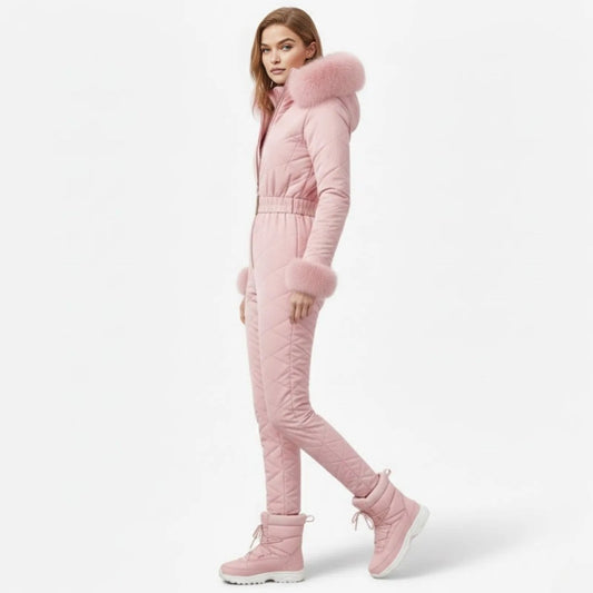 Remy | Quilted Faux Fur Trim Ski Suit – Pink