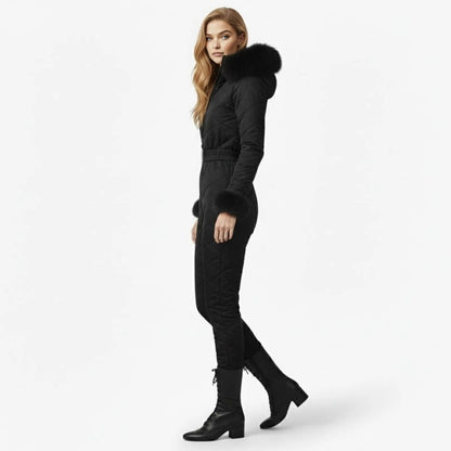 Remy | Quilted Faux Fur Trim Ski Suit – Black