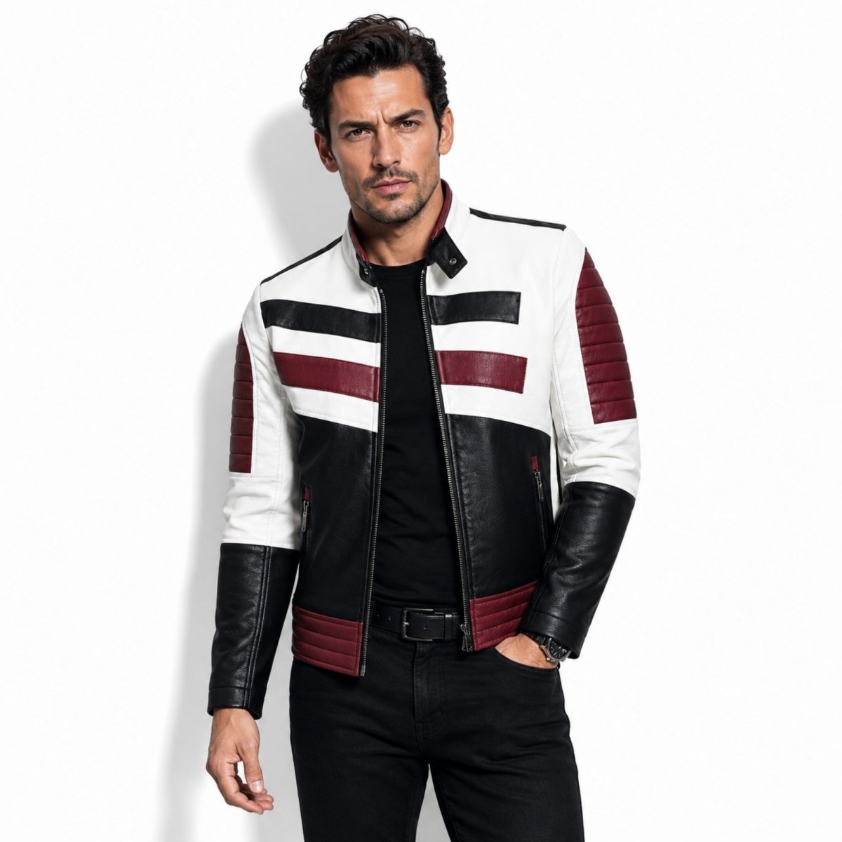 Baxter | Men's Colour Block Leather Moto Jacket