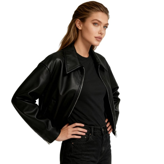 Fleur | Oversized Zip-Up Vegan Leather Biker Jacket