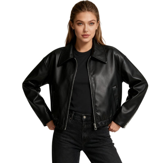 Fleur | Oversized Zip-Up Vegan Leather Biker Jacket