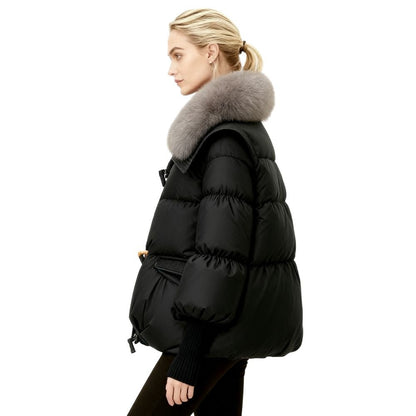 Banksia | Oversized Fox Fur Collar Down Puffer Coat – Black