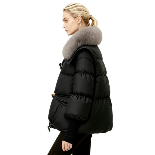 Banksia | Oversized Fox Fur Collar Down Puffer Coat – Black