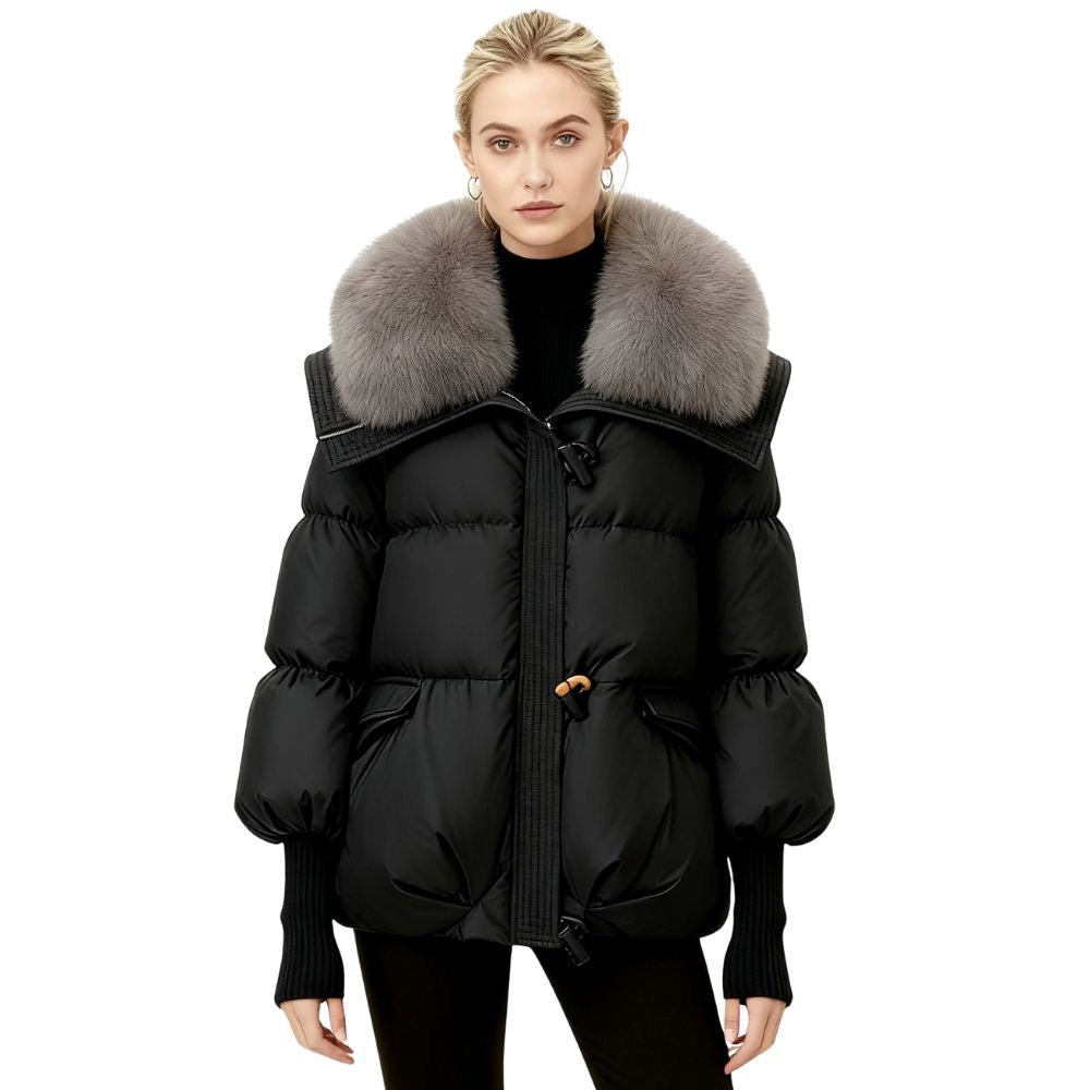 Banksia | Oversized Fox Fur Collar Down Puffer Coat – Black