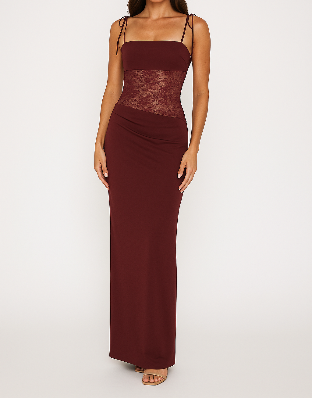 Adjustable Strap Lace Panel Bodycon Maxi Dress