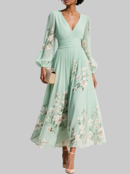 Pleated Skirt Floral Midi Dress with Long Sleeves