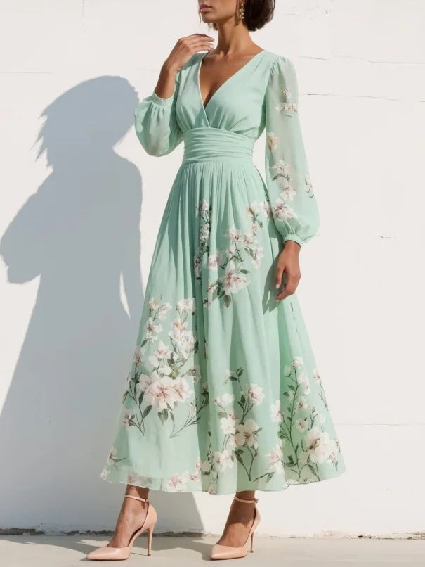 Pleated Skirt Floral Midi Dress with Long Sleeves