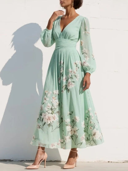 Pleated Skirt Floral Midi Dress with Long Sleeves