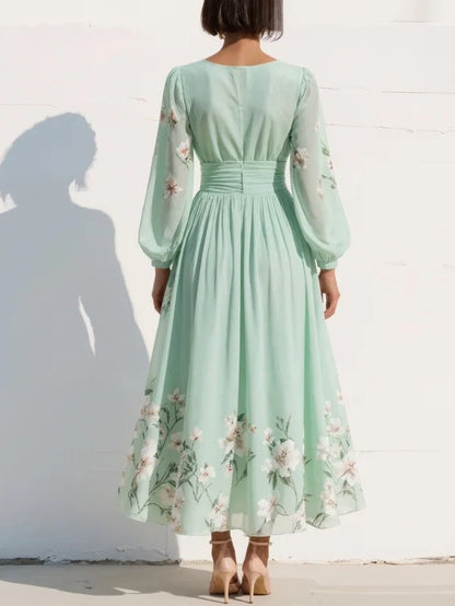 Pleated Skirt Floral Midi Dress with Long Sleeves