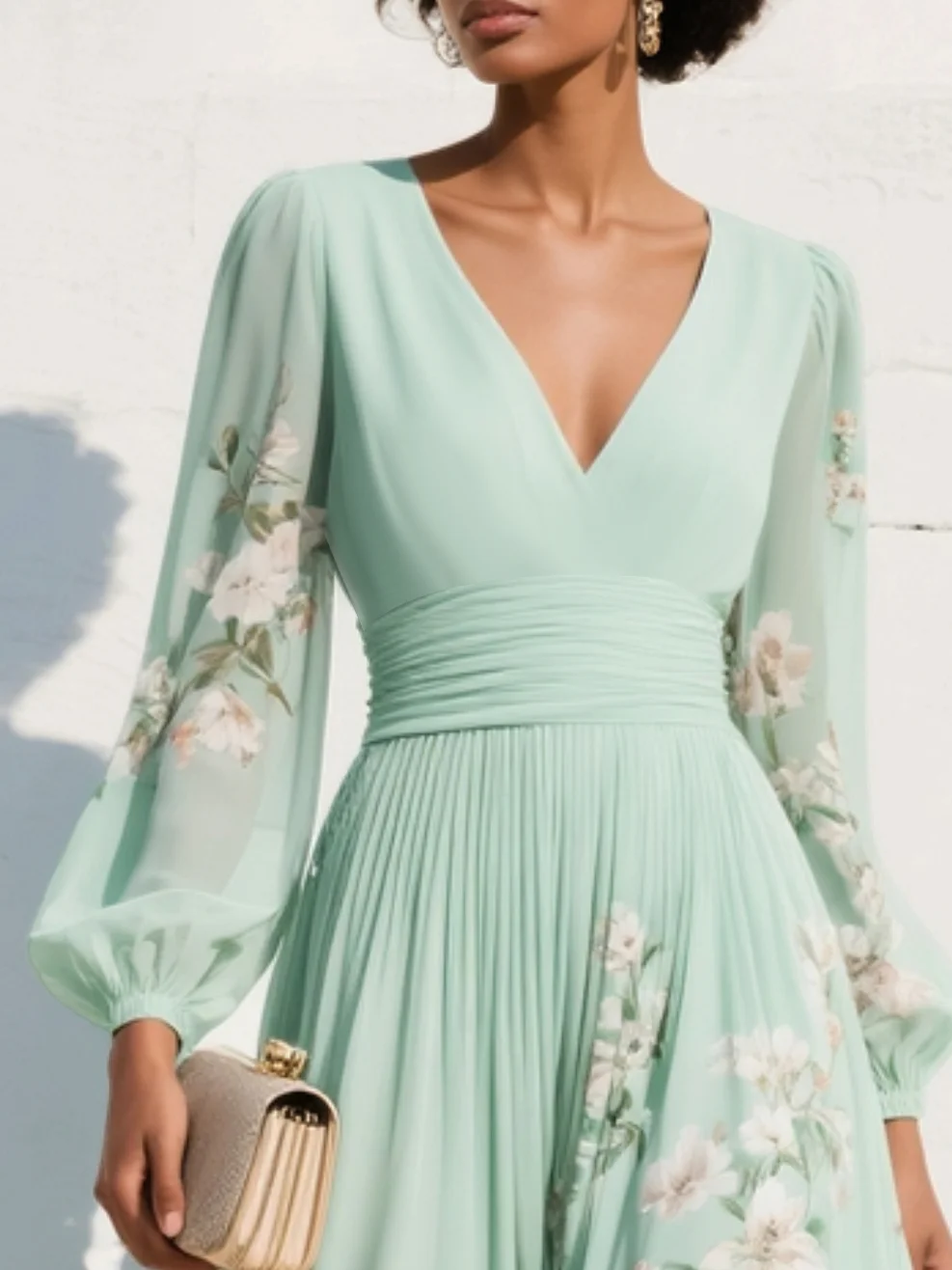 Pleated Skirt Floral Midi Dress with Long Sleeves