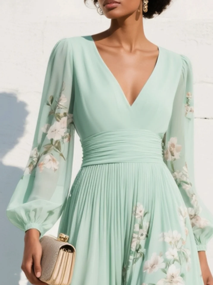 Pleated Skirt Floral Midi Dress with Long Sleeves