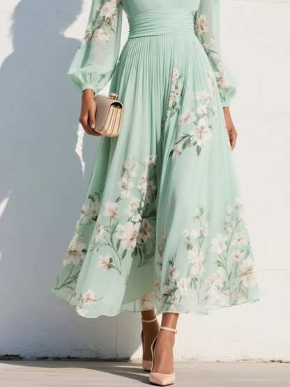 Pleated Skirt Floral Midi Dress with Long Sleeves