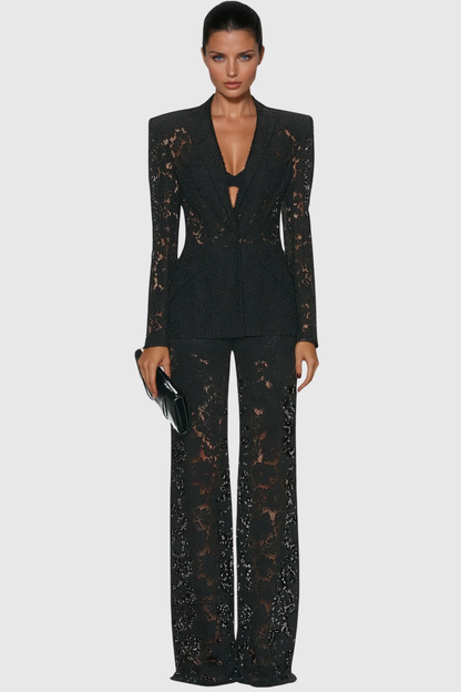 Lace Blazer and Wide-Leg Trousers Long Sleeve Two-Piece Suit Set