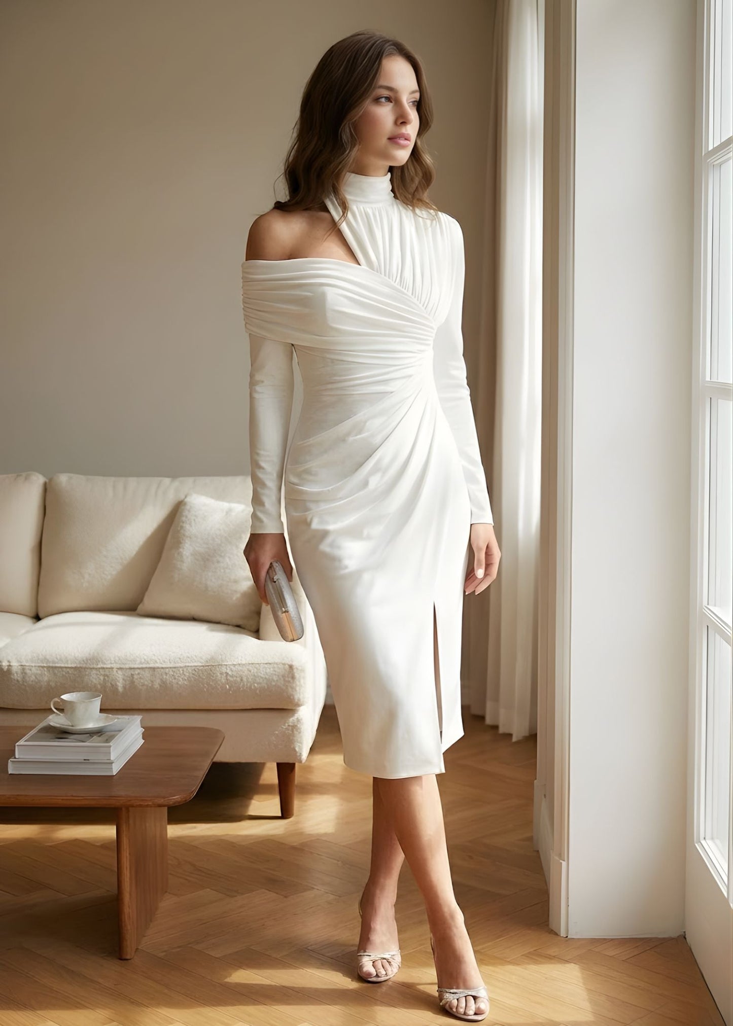 One Shoulder Bodycon Midi Dress with Slit — Long Sleeve Wedding Guest Dress