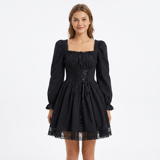 Square Neck Lace-Up Mini Dress For Women