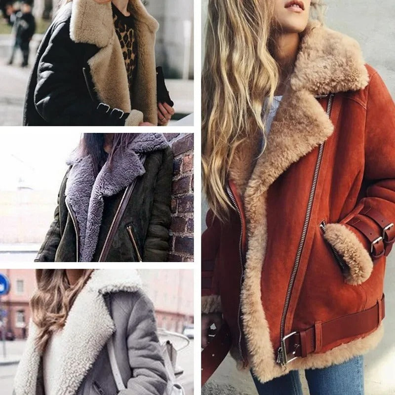 Women's Premium Faux Sheepskin Jacket With Belt And Pockets